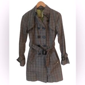 Soia & Kyo gray glen plaid belted dble breasted md lngth coat SZ XS old money